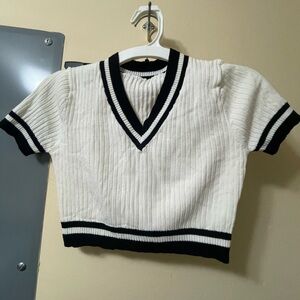 White and Black V-Neck Ribbed Sweater Top